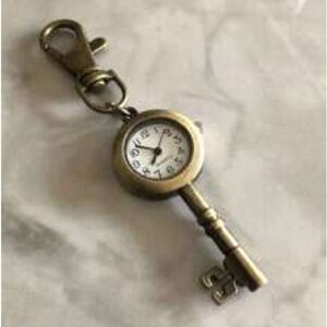 Vintage Brass Key-Shaped Clock Keychain